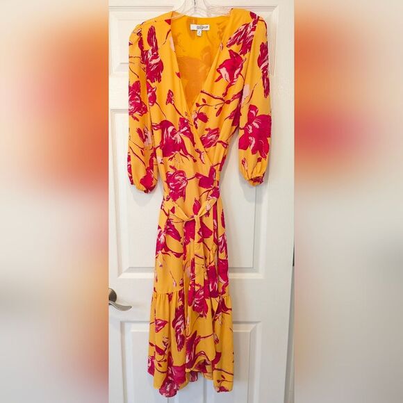 Color Me Courtney Eleanor Wrap yellow maxi belted Dress Floral Long Sleeves M - Picture 4 of 11